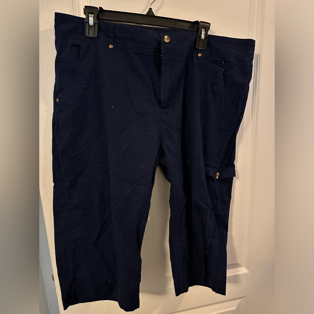 Navy blue capris.  Front & back pockets.  Leg pocket